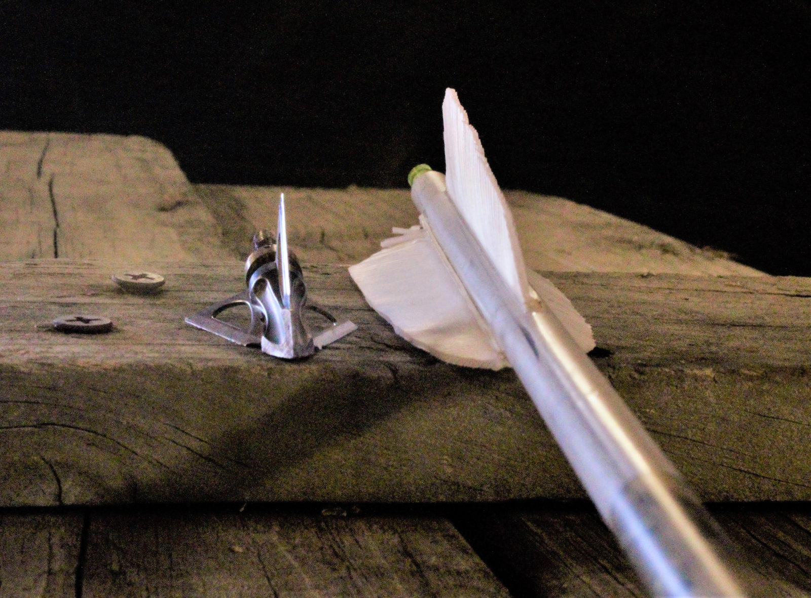 Isang imahe ng isang talim at fletching ng isang arrow sa isang kahoy na bakod