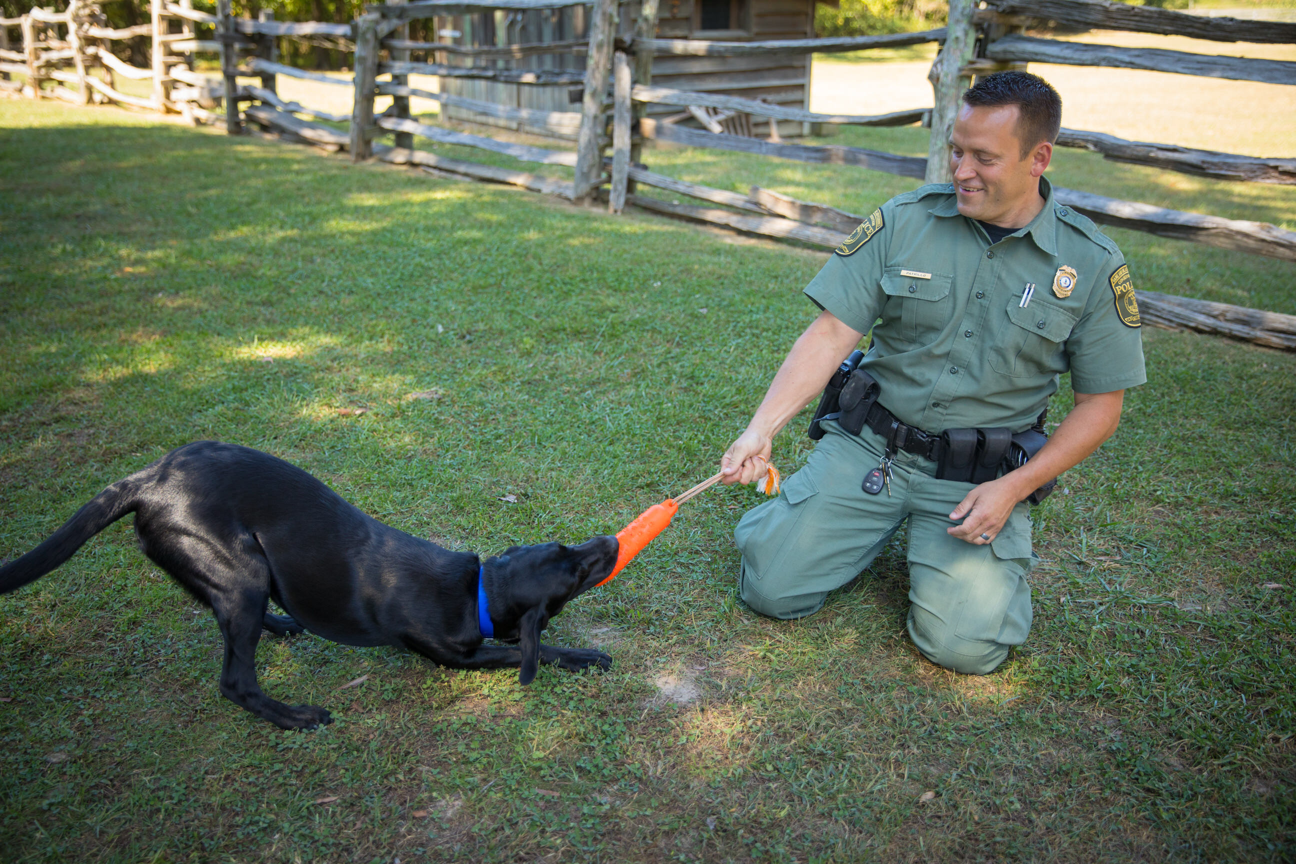 Si CPO Patrillo ay naglalaro ng tug of war gamit ang isang orange na laruan kasama si K9 Bailey pagkatapos ng sesyon ng pagsasanay.