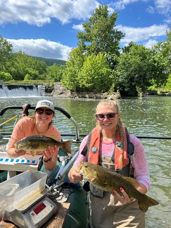 Dalawang mangingisda sa isang bangka na may hawak na isda sa North Fork Shenandoah River.