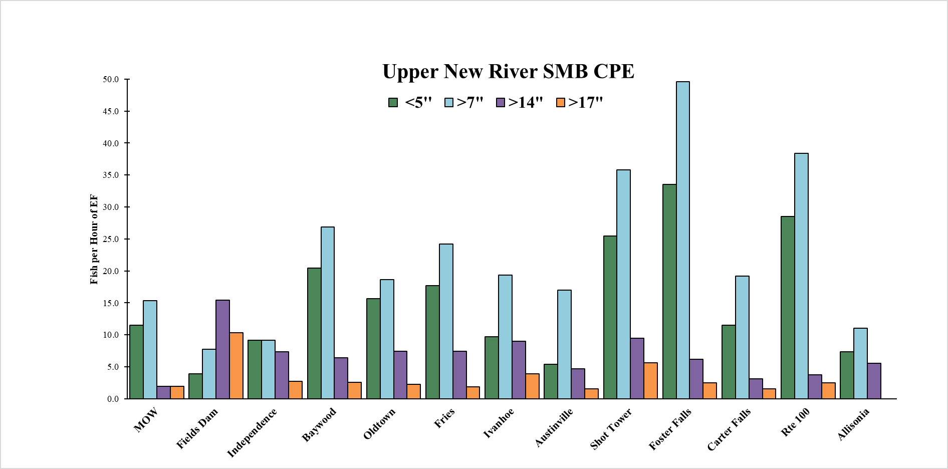 Bar chart ng tagsibol 2025 Mga rate ng panghuhuli ng smallmouth bass sa Upper New River ayon sa seksyon ng ilog at klase ng laki.