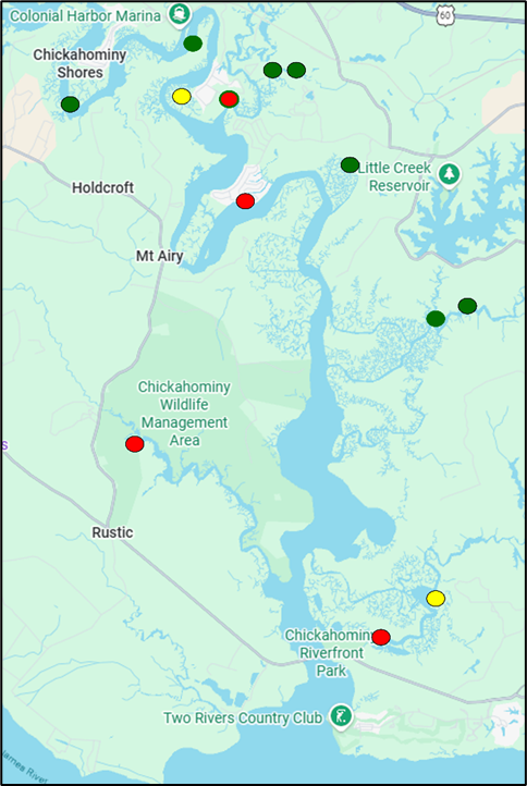 Mapa ng mga piling lugar ng pagkuha ng sample ng largemouth bass sa Ilog James at Chickahominy, na may mga berde, dilaw, at pulang tuldok na nagpapakita ng relatibong dami ng nahuli.