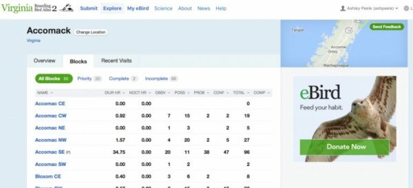 Listahan ng Block ng Accomack County – VABBA2 eBird portal