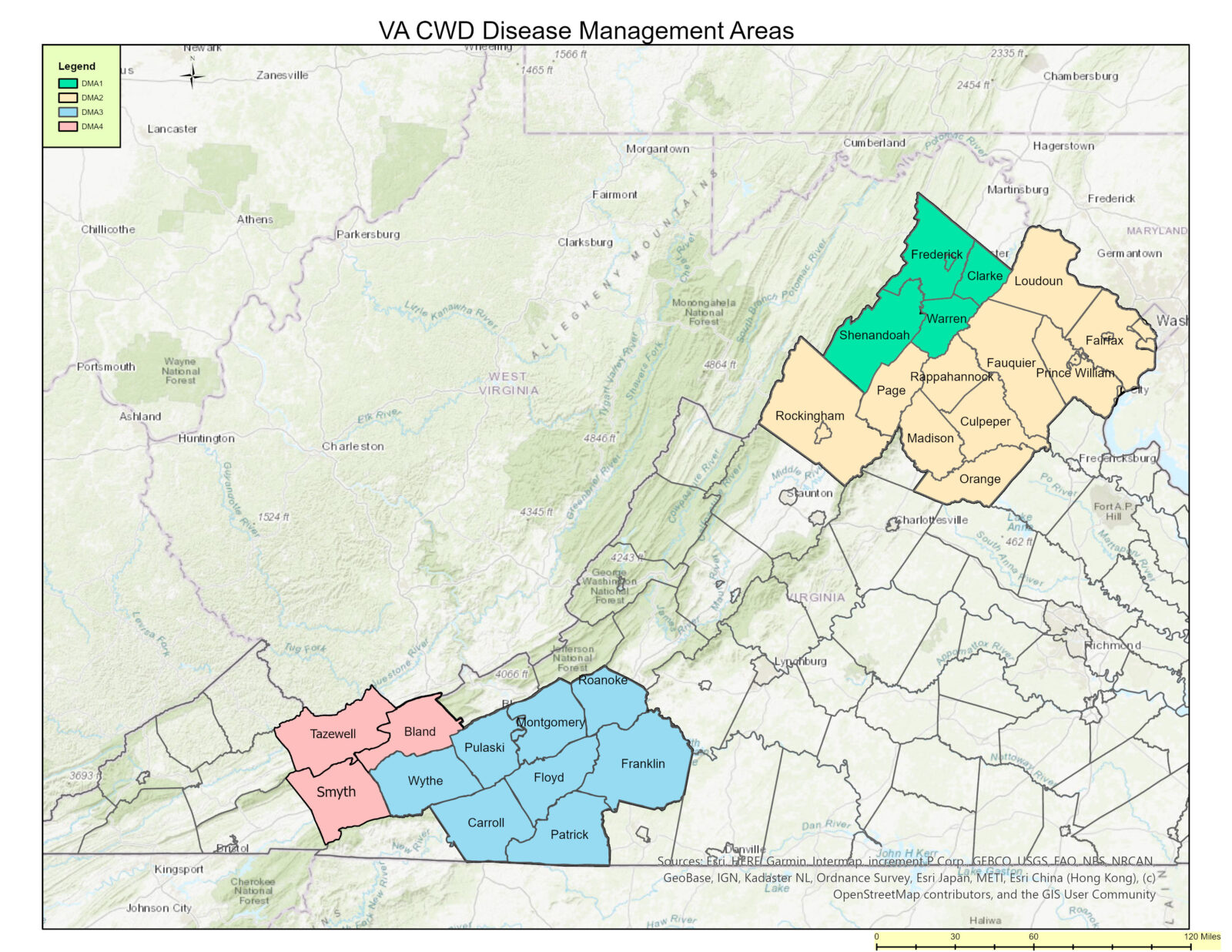 Mapa ng Virginia na naglalarawan sa mga county na kasama sa bawat lugar ng pamamahala ng sakit sa CWD para sa 2025-2026