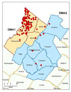 Isang larawan ng isang mapa na nagpapakita kung saan nakita ang CWD sa usa, ito ay pangunahin sa DMA1 na may ilang mga nakahiwalay na kaso sa DMA2