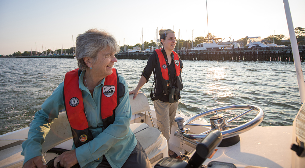 Ang mga DWR Biologist na sina Ruth Boettcher at Meagan Thomas ay lumapit sa Rip Raps Island para tingnan ang seaboard nesting relocation project.