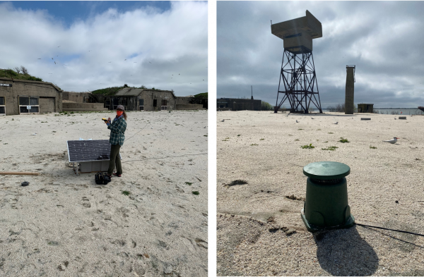 Kaliwa: Ang Kelsi Hunt ng Virginia Tech Shorebird Program ay tumutulong sa pag-set up ng isa sa mga solar-powered sound system sa Fort Wool site. Kanan: Ang isang speaker na nakakabit sa sound system ay magpapatugtog ng mga seabird calls upang maakit ang mga ibon na pugad sa Fort Wool site.