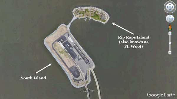 Isang arial na imahe ng Fort Wool at South Island