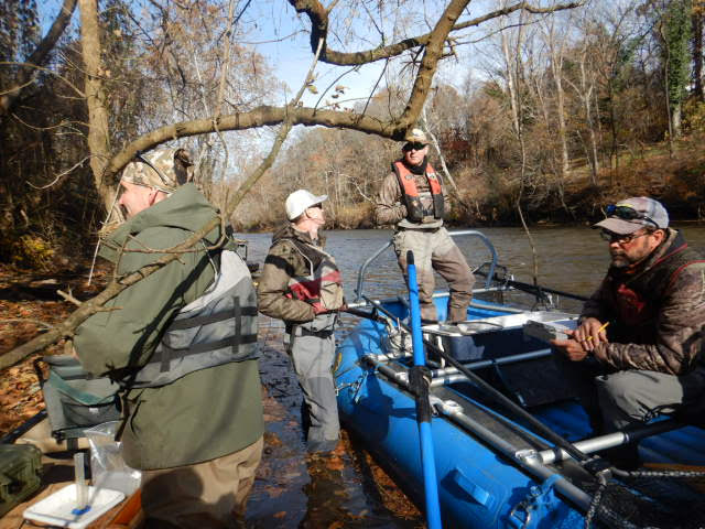 Ang asul na electrofishing boat at ang apat na staff sa baybayin muli pagkatapos ng kanilang ekspedisyon 