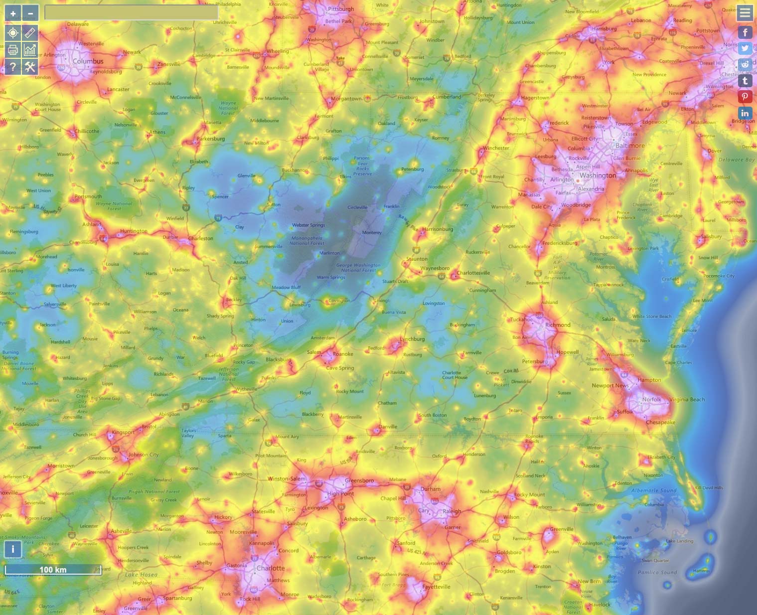 Ang isang imahe ng isang mapa ng light pollution para sa Virginia sa pinakamagagandang lugar dito upang puntahan para makita ang mga bituin ay ang Circleville sa pambansang kagubatan ng Monongahela