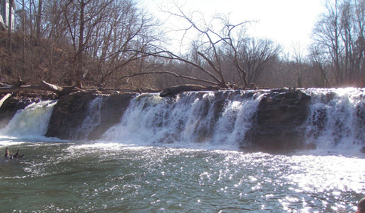 Isang imahe ng isang malaking batong dam na may mga natumbang puno sa ibabaw nito bago ito alisin