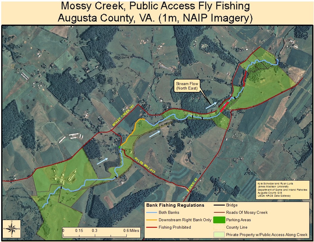 Isang mapa ng satellite imagery na nagpapakita ng Mossy Creek Espesyal na Lugar ng Regulasyon