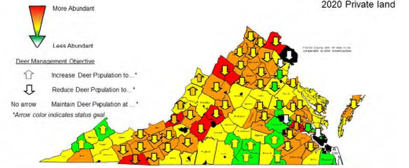isang mapa ng 2020 populasyon ng usa na may mga arrow sa bawat county na nagsasaad kung ang populasyon ay tumaas, bumaba o matatag.