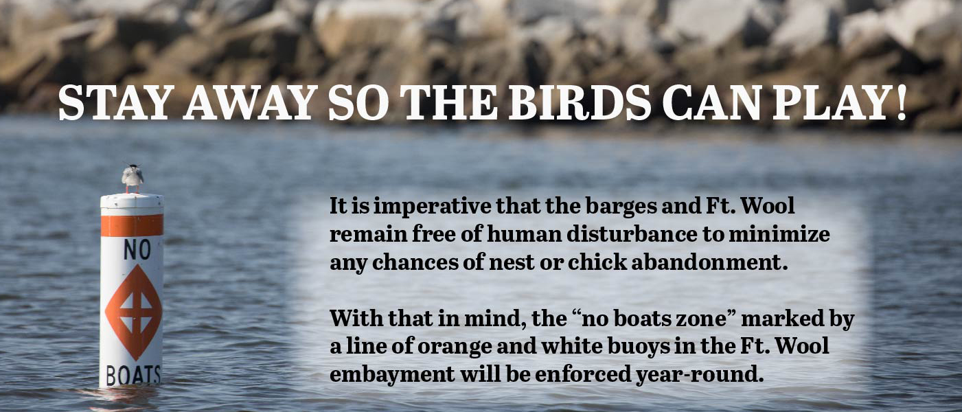 Isang larawan na nagsasaad na ang Fort Wool at ang mga barge ay dapat na walang gulo ng tao upang mahikayat ang shorebird nesting