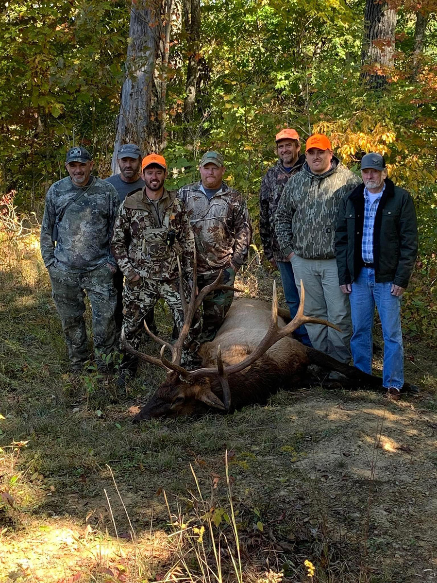 Isang grupo ng pitong lalaki na nakatayo sa tabi ng bull elk na kanilang nahuli