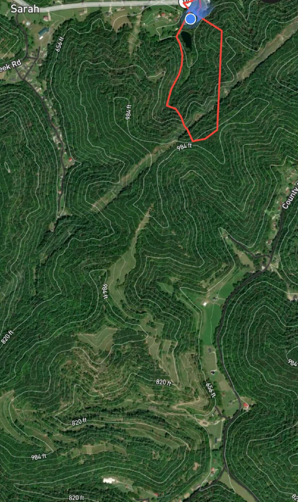 Isang imahe ng isang aerial na mapa ng isang kakahuyan at open field na lugar.