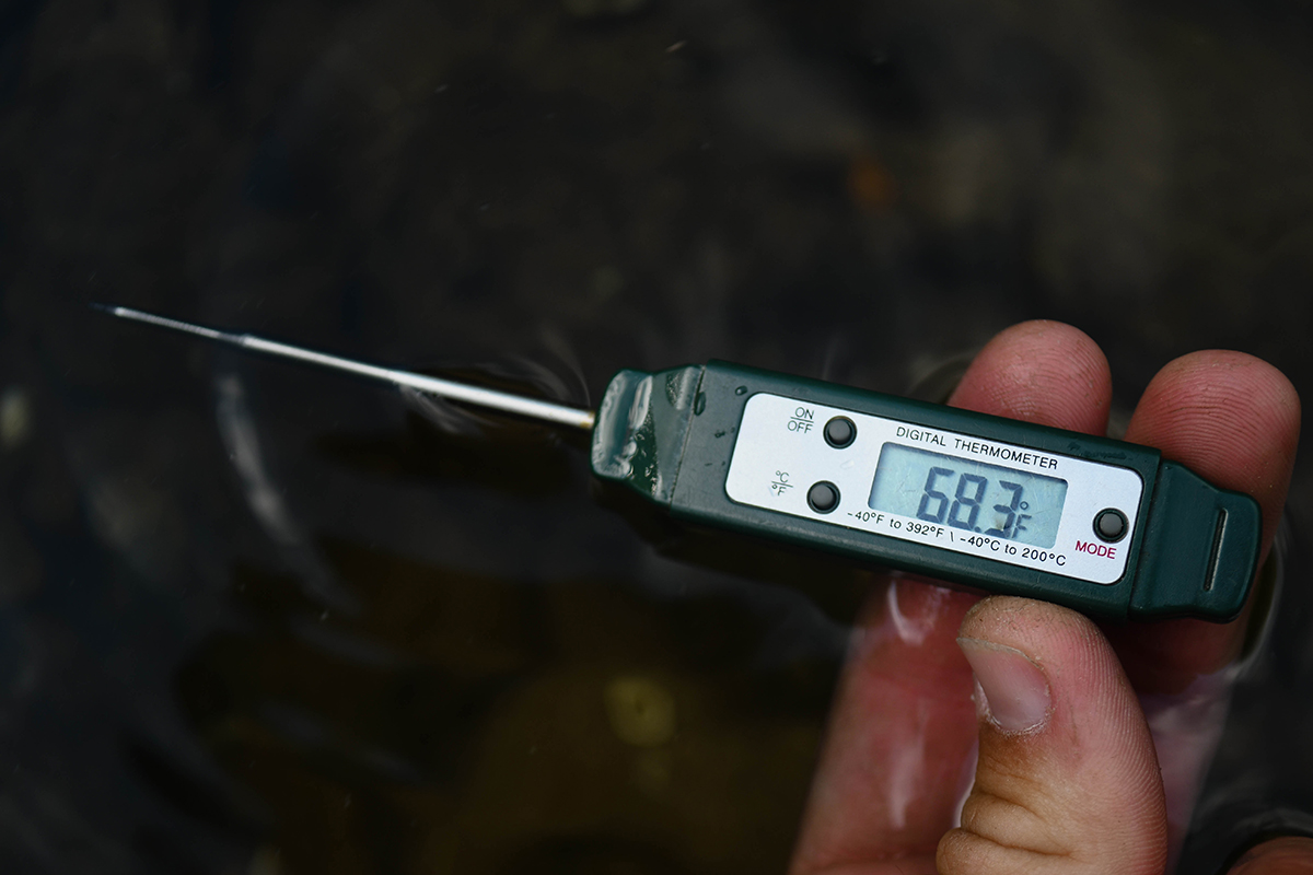 Isang larawan ng isang thermometer na nagpapakita ng temperatura na 68.3 degrees Fahrenheit; kung ang isang batis ay mainit-init, pinakamahusay na maghanap ng mas malamig na tubig o isda para sa mga species ng maligamgam na tubig 