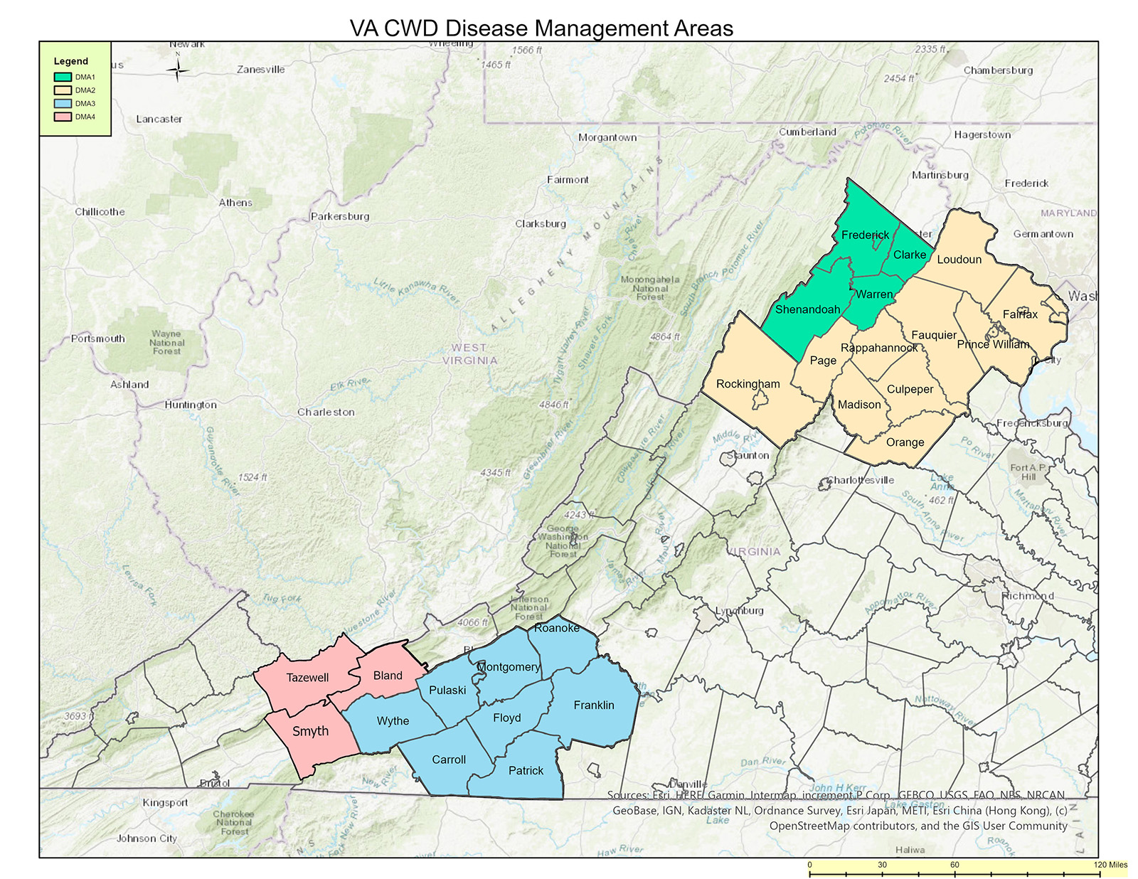 Isang mapa ng Virginia na may ilang mga estado sa kanlurang bahagi na may iba't ibang kulay.
