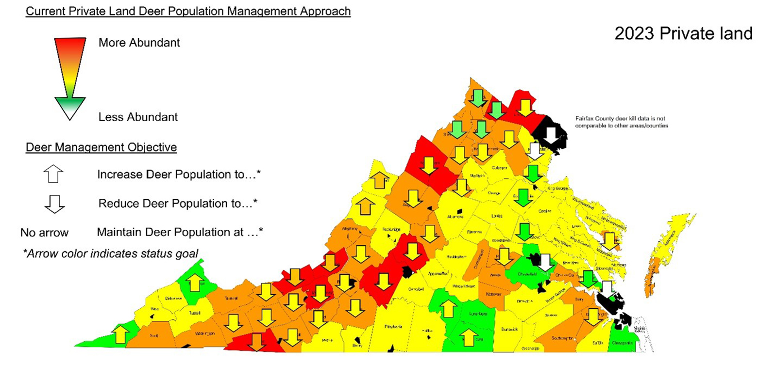 Isang mapa ng Virginia na may mga county sa iba't ibang kulay mula berde hanggang dilaw, orange, at pula, na may dilaw na pataas at pababang mga arrow sa iba't ibang county.