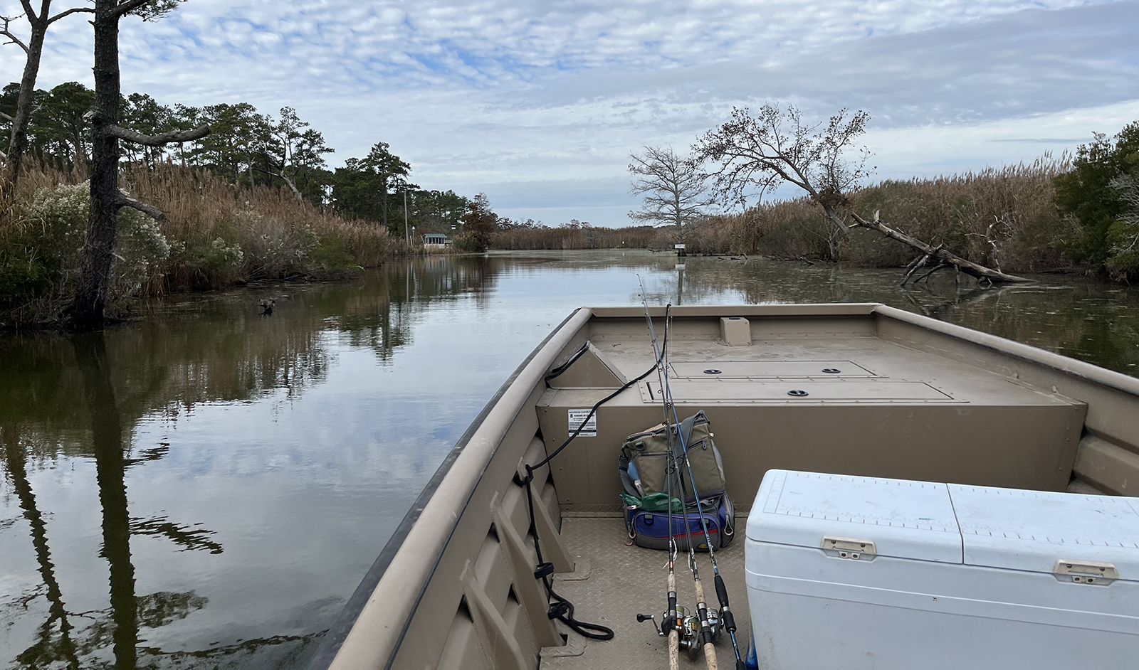 Isang larawan ng busog ng bangka na tumatagos sa isang makitid na daluyan ng tubig na may martsa sa magkabilang gilid.