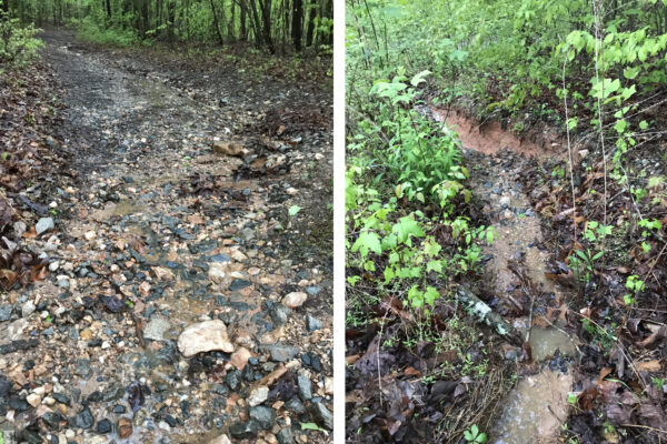 Isang koleksyon ng dalawang larawan na nagpapakita ng mga water gullies na nabubuo sa isang hindi maayos na pinapanatili na trail na naghuhugas ng lupa mula sa lugar