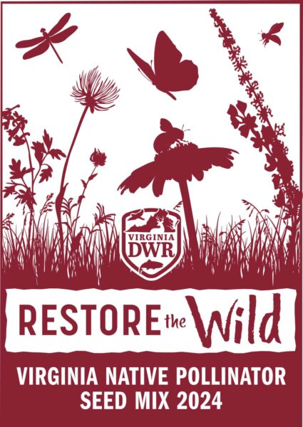 Isang brown paper na packet ng mga buto, na may label na Restore the Wild: Virginia Native Pollinator Seed Mix