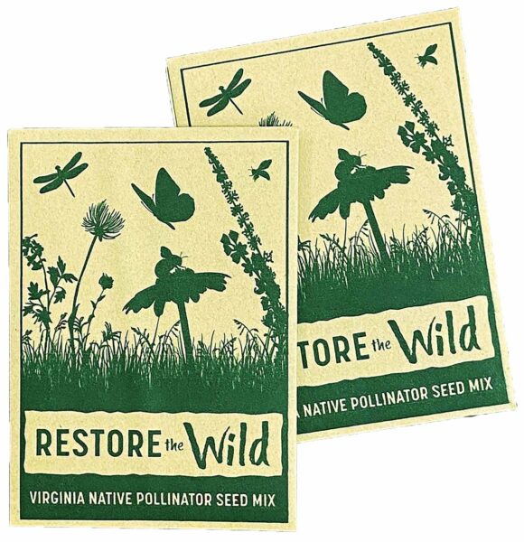 Isang brown paper na packet ng mga buto, na may label na Restore the Wild: Virginia Native Pollinator Seed Mix