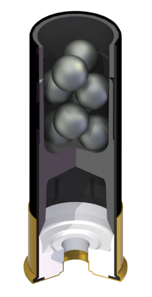 Isang masining na representasyon ng loob ng isang 00 Buck shell; kapansin-pansin sa bala na ito ang mga pellet ay nakasalansan upang bigyang-daan ang maximum na dami ng mga pellet bawat shell