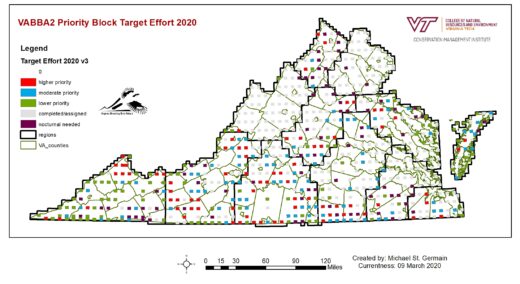 Isang mapa ng estado na nagpapakita ng mga target na pagsisikap na ginagawa sa iba't ibang mga county; ang priyoridad ay mga ibon sa kahabaan ng mga bundok ng Appalachian