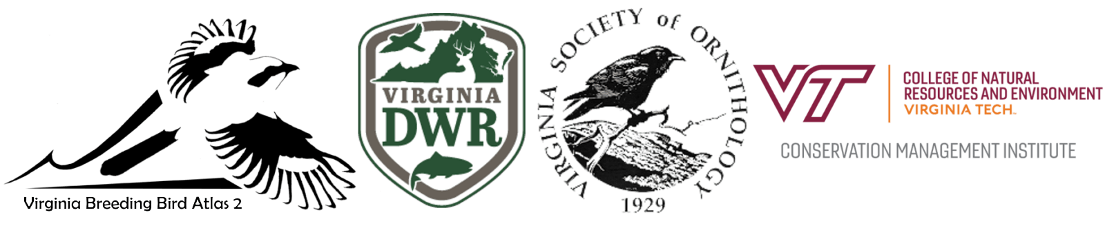 Ang mga logo para sa Virginia DWR, Virginia Breeding bird atlas 2, Virginia society of Ornithology at Virginia Tech.