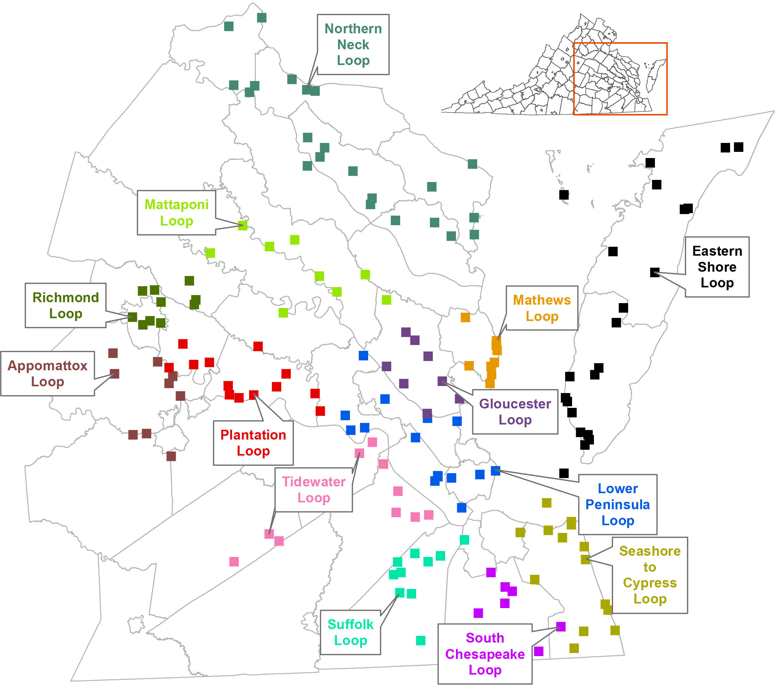 Isang mapa ng Virginia na may ipinapakitang Virginia Bird at Wildlife Trail loops