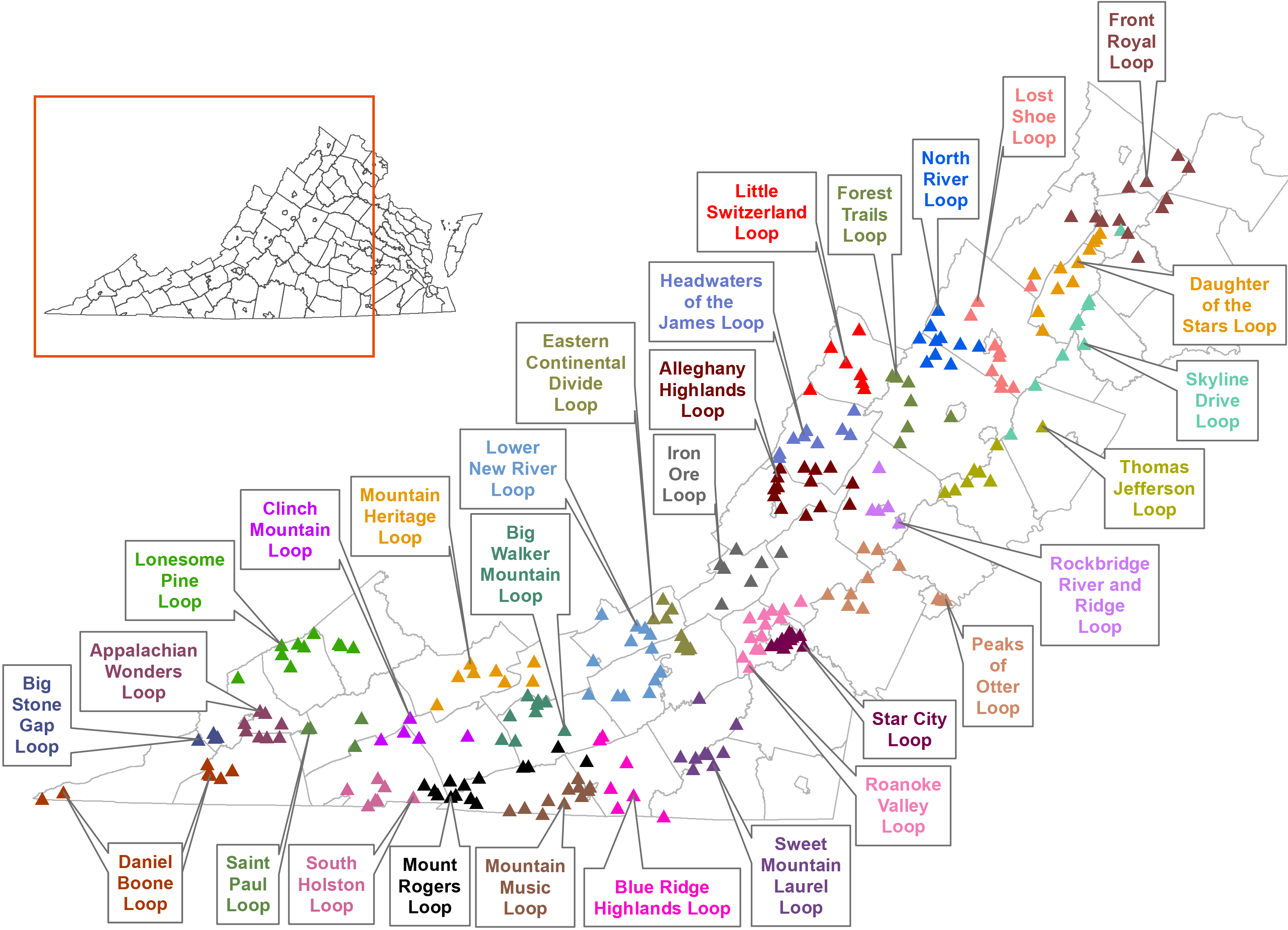 Isang mapa ng Virginia na may ipinapakitang Virginia Bird at Wildlife Trail loops