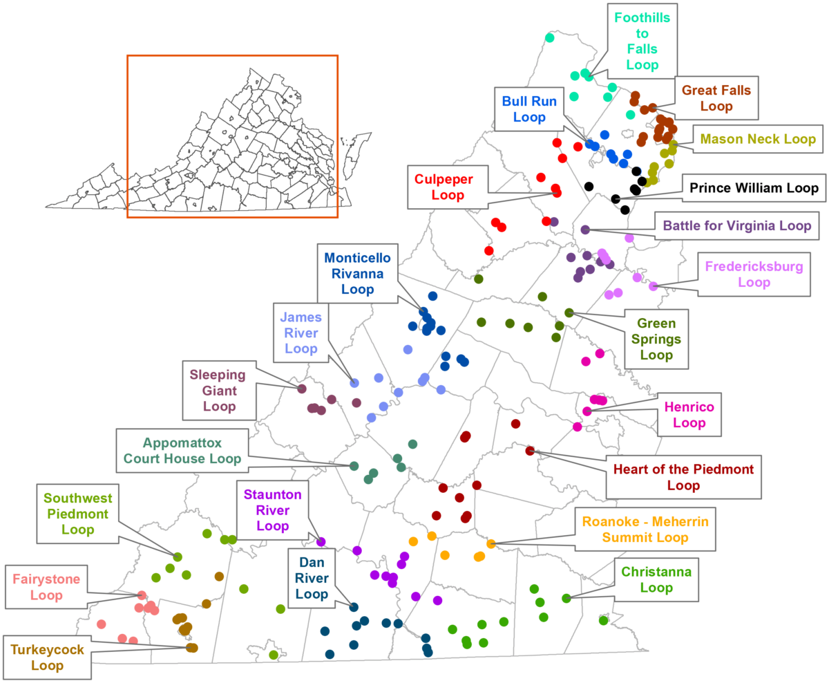 Isang mapa ng Virginia na may ipinapakitang Virginia Bird at Wildlife Trail loops