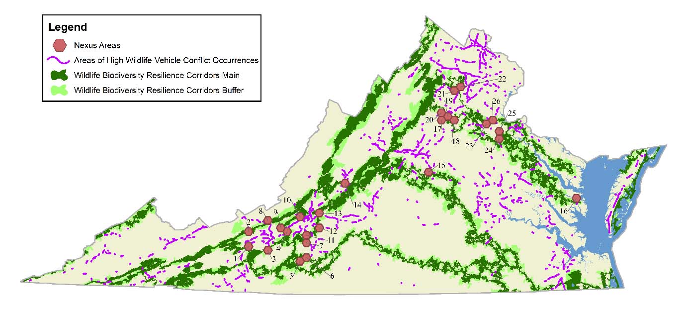 Isang mapa ng Virginia na nagpapakita ng Nexus Areas.