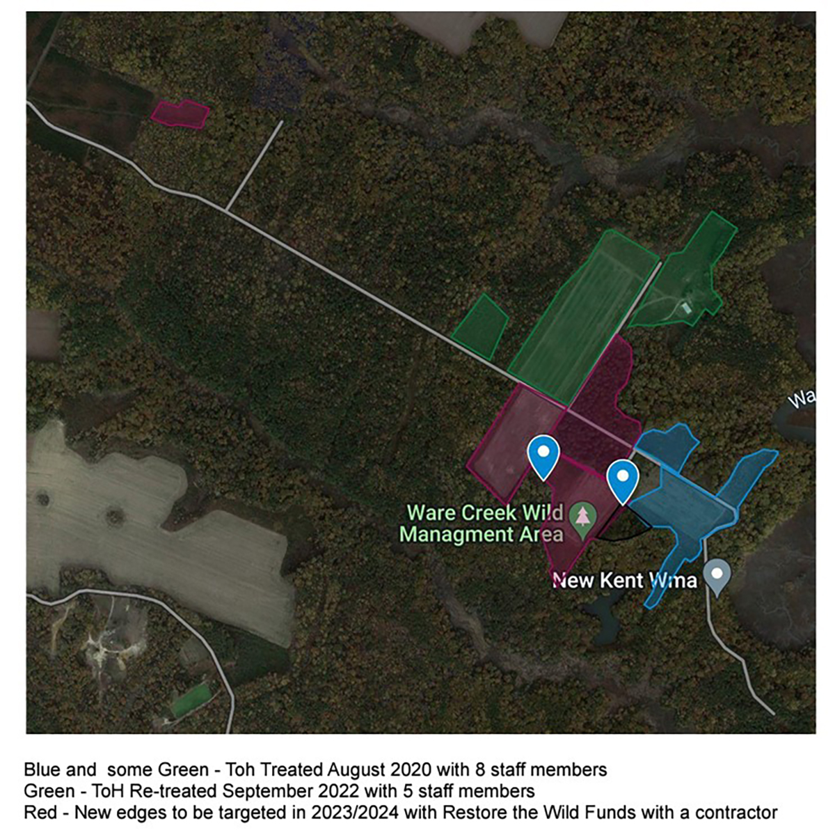 Isang mapa ng tatlong magkakaibang mga plano sa paggamot at kung saan magaganap ang mga ito sa Ware Creek WMA
